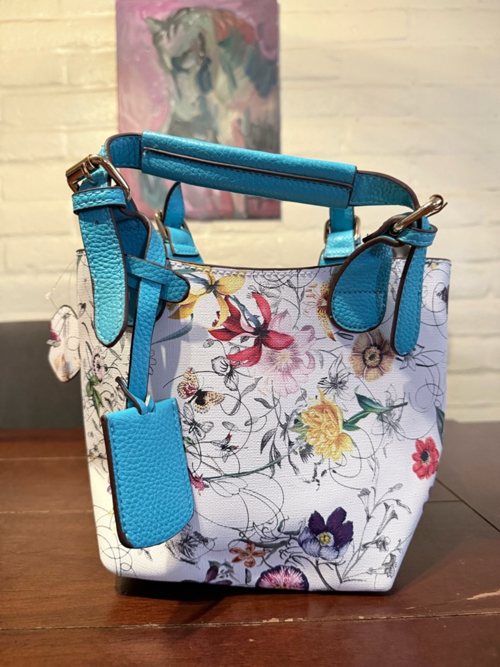 Floral Print Purse with Turquoise Trim - Women Bags